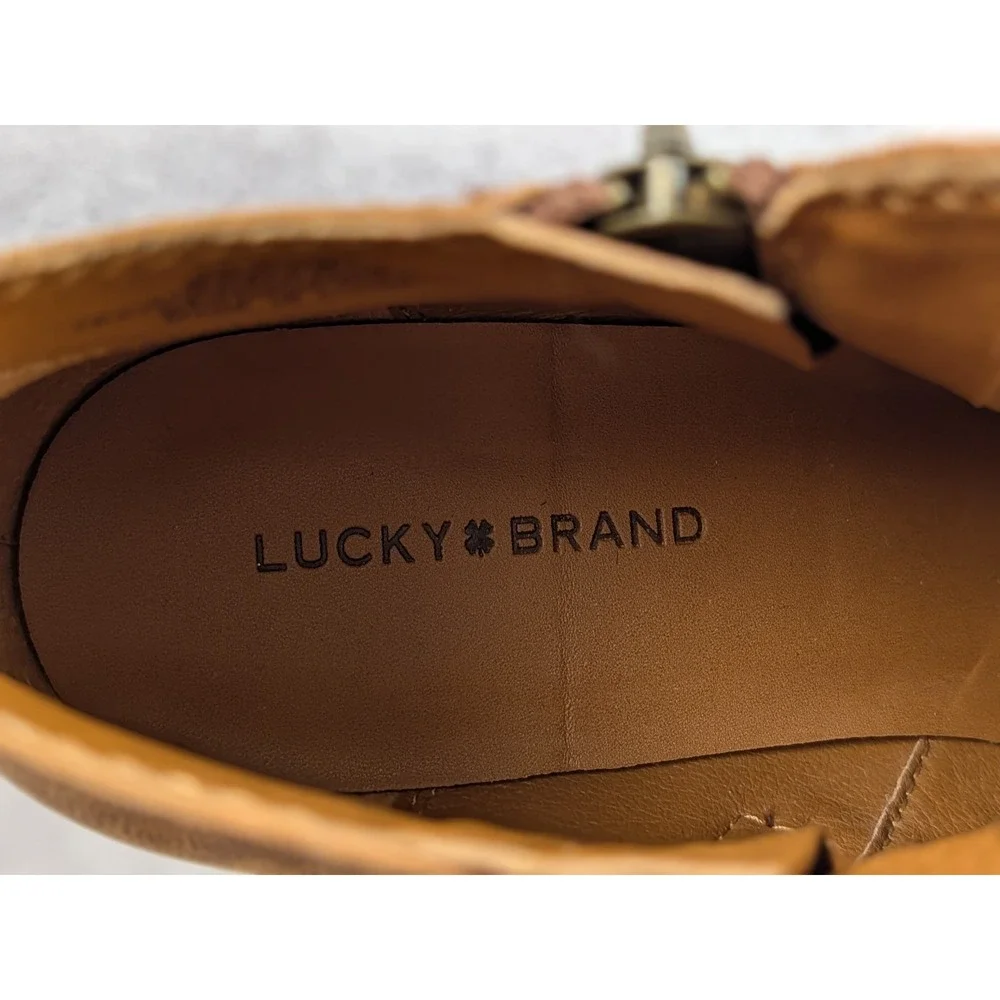 Lucky Brand Basel Tan Leather Ankle Booties Womens 8W Round Toe Low Block Heel
